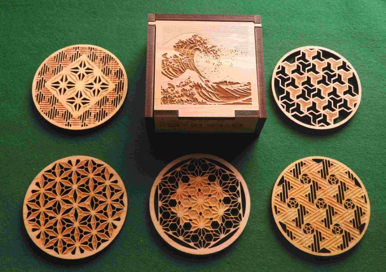 コースター木製 伝統文様 北斎編 5枚組 特製ケース入 贈答 雑貨 敷物｜HG000868