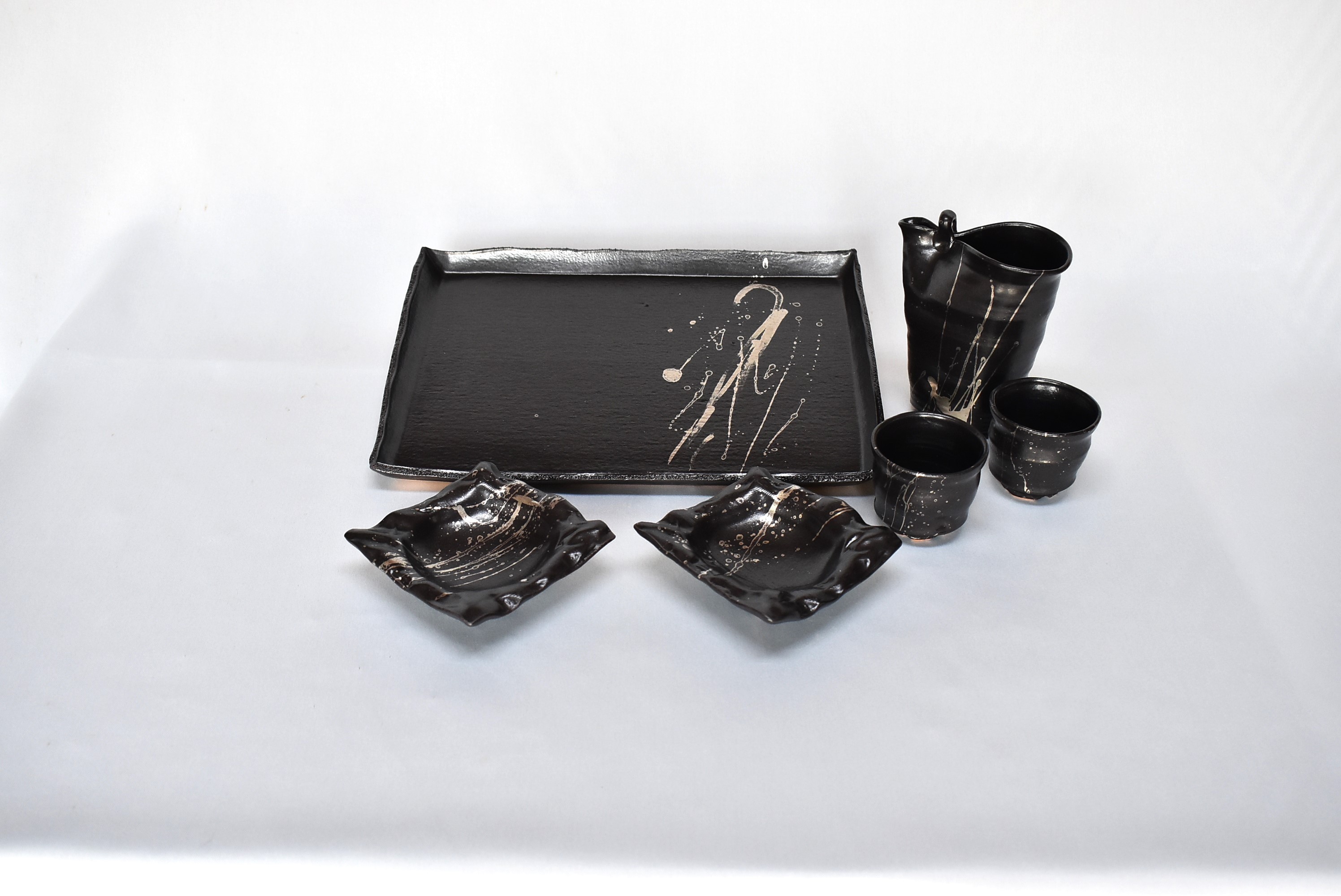 萩焼　銀彩ブラック宴の器揃い｜HGH00022