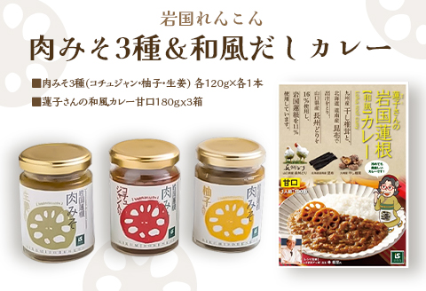 岩国蓮根 肉みそ 3種(コチュジャン・柚子・生姜)・和風だしカレー3箱 セット【池本食品】