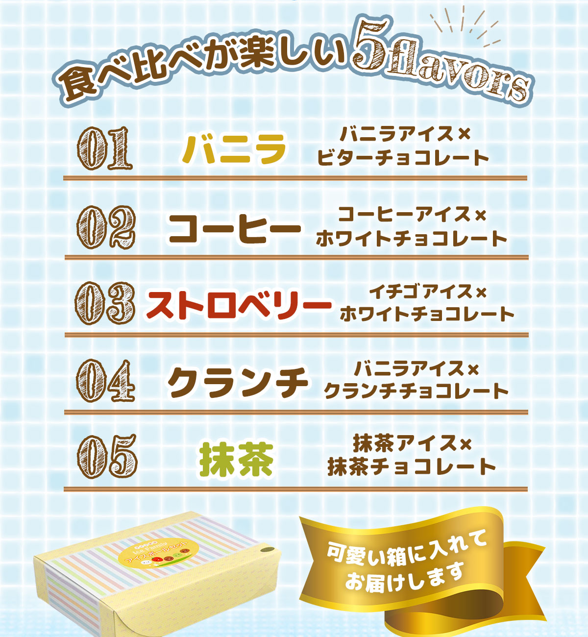 【製造終了】A002 チョコアイスボールセット（65粒入） 5種類×13個 バニラ ストロベリー コーヒー クランチ 抹茶