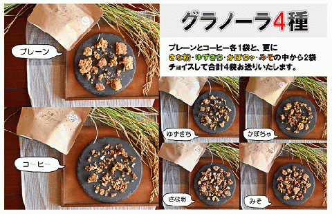 (1029)グラノーラ 4種 プレーン 珈琲 米粉 野菜 果物 健康 朝ごはん 詰合せ セット 期間限定 お取り寄せ 長門市 山口県 シリアル 軽食 おやつ 保存料不使用