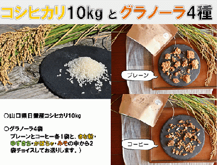 (1268)グラノーラ　4種　プレーン　珈琲　米粉　野菜　果物　山口県　コシヒカリ　10kg　セット
