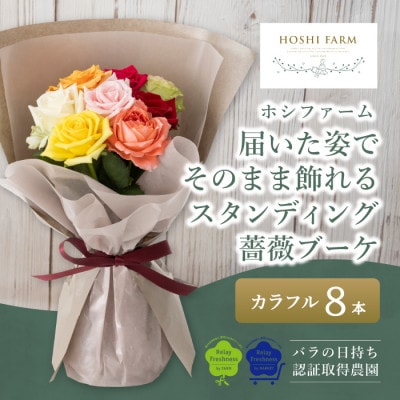ホシファーム　届いた姿でそのまま飾れるスタンディング薔薇ブーケ　カラフル8本【配送不可地域：離島・北海道・沖縄県】