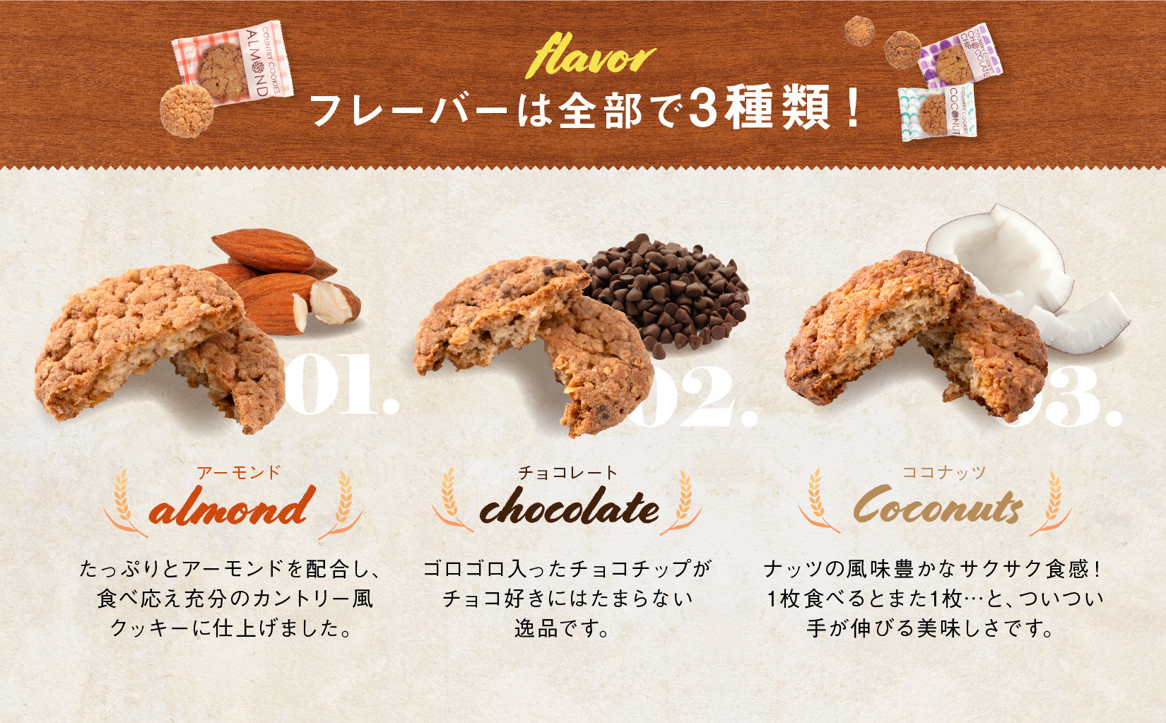 【訳あり】カントリークッキー 51枚  ココナッツ アーモンド チョコチップ 簡易梱包 クッキー