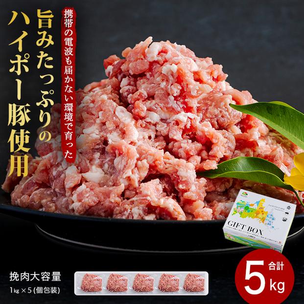 山口県産豚挽肉1kg×5パック小分けセット│携帯の電波も届かない環境で育った旨みたっぷりのハイポー豚