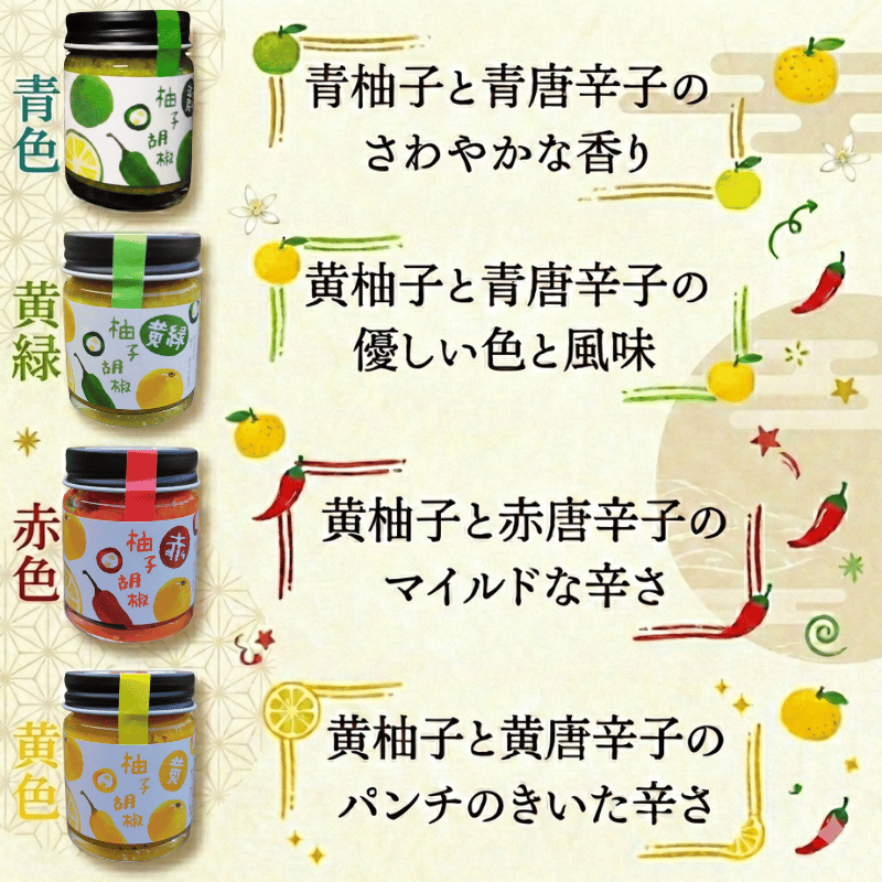 阿武町産 柚子胡椒 食べ比べ3種セット（色・辛さ・風味が異なる）｜abuiro