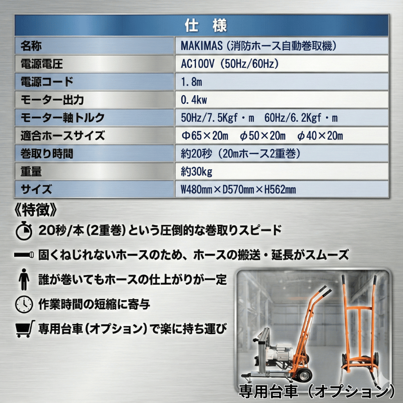 消防 消防ホース 自動巻取機 ”MAKIMAS”_キャリア付き