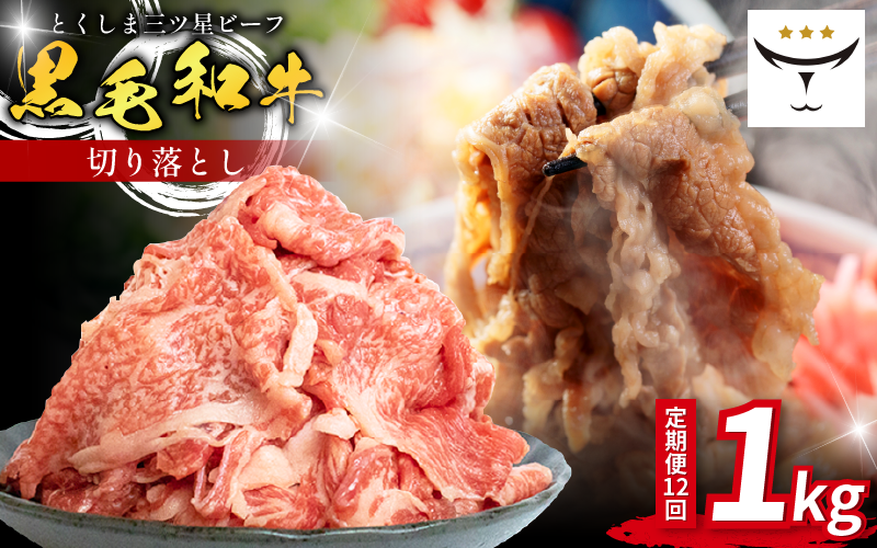 牛肉 切り落とし 定期便 1kg 12回 国産 黒毛和牛 とくしま三ツ星ビーフ 徳島県産 ブランド 和牛 ビーフ 焼肉 炒め物 煮込み 焼き すき焼き 煮物 カレー 料理 使いやすい 時短 お祝い ギフト 贈り物 プレゼント 徳島 肉の藤原
