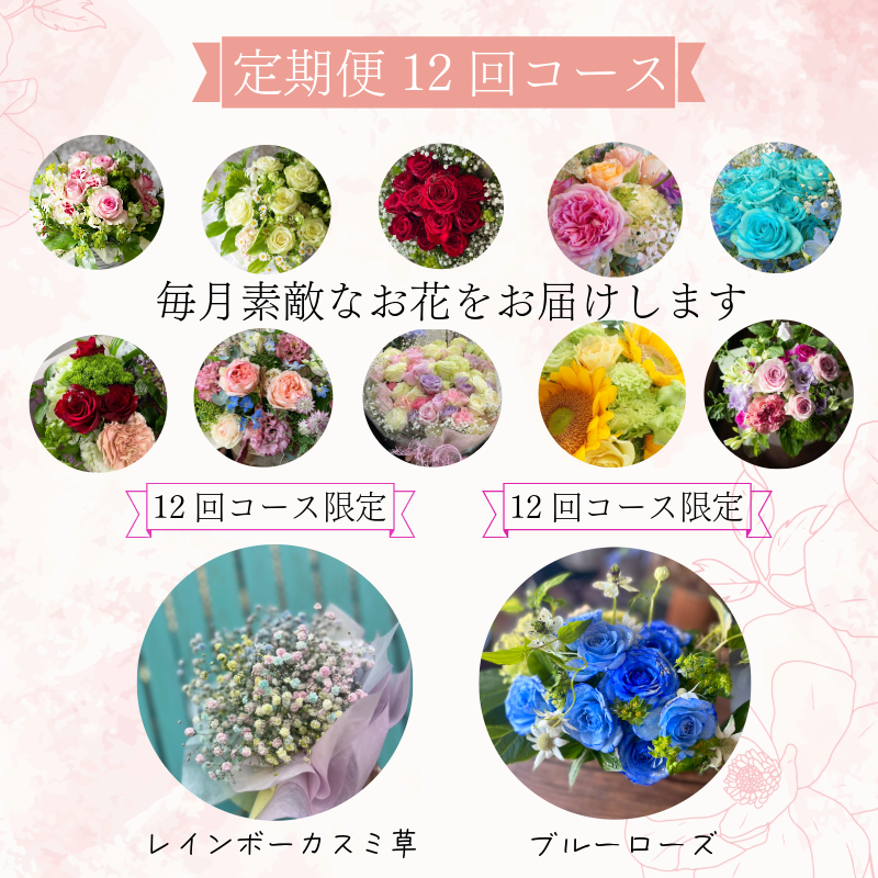  お花 定期便 年12回 毎月届く季節のブーケ＆フラワーアレンジメント　手作りカード付き ※北海道・東北・沖縄を含む離島への配送不可(大人気生花 人気生花 ギフト生花 贈答用生花 記念日生花 定期)