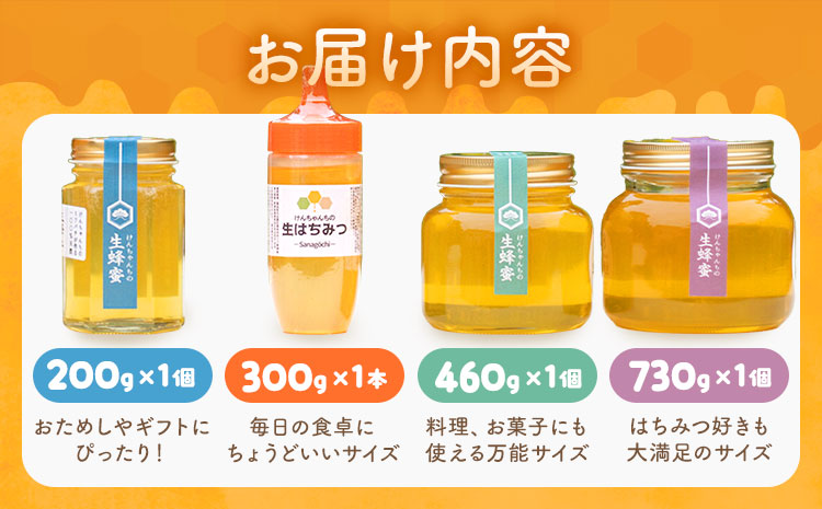 けんちゃんちのはちみつ 200g 300g 460g 730g 全部セット《30日以内に出荷予定（土日祝除く）》ふるさと納税 はちみつ ハチミツ 蜂蜜 国産蜂蜜 天然蜜蜂 徳島県 佐那河内村 送料無料---tsm_mkf8_30d_25_28500_1690g---