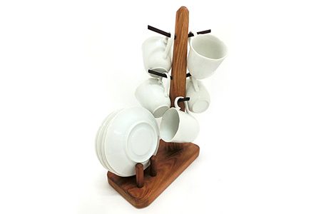 カップスタンド　KT-14 徳島 那賀 木 木材 黒檀 欅 木目 木製 コーヒーカップ マグカップ コップ 乾燥 収納 水切り 食器 キッチン スタンド 一つ一つ手作り 手作り シンプル 丈夫 プレゼント ギフト 5個用 ツリー状