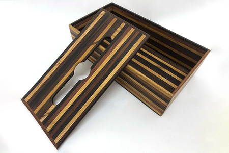 ティッシュケース（寄木）［徳島 那賀 木製 木製品 黒檀 紫檀 欅 黄金壇 木目 ティッシュケース ティッシュカバー ティッシュボックスケース ティッシュボックスカバー 箱ティッシュケース ティッシュ カバー ケース ボックス 和風 シンプル 高級感 おしゃれ 丈夫 雑貨 インテリア インテリア雑貨 生活雑貨 手作り 詰め替え 母の日 父の日 プレゼント ギフト 贈物］【KT-9-2 】