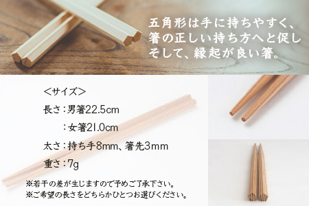 【選べるサイズ】五稜箸木頭朱杉 1膳 ギフト【22.5cm（男女兼用、大人向け）】WH-14-22-5 22.5cm（男女兼用、大人向け）