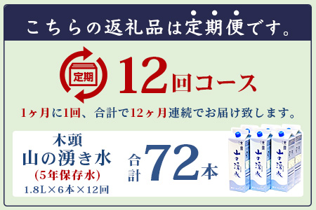 【定期便12回】《5年保存水》山の湧水(天然ミネラルウォーター)1.8L×6本×12回 計72本【徳島県 那賀町 国産 天然水 水 ミネラルウォーター わき水 湧き水 1800ml 飲料水 備蓄 備蓄水 非常用 防災 災害 支援 紙パック 長期保存 防災グッズ 災害対策】KM-9