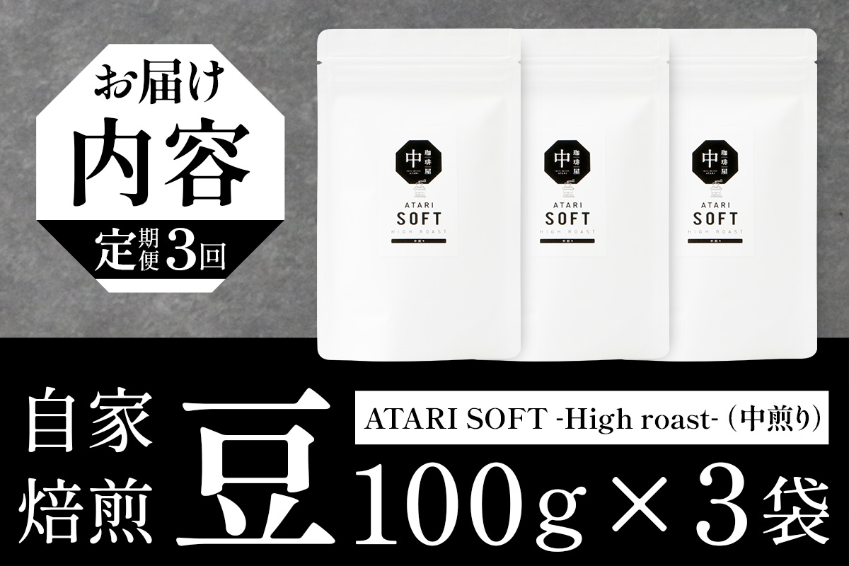 【定期便3回】【豆タイプ】珈琲屋 中-ATARI- SOFT (中煎り) -High roast- 100g×3袋×3回【徳島県 那賀町 自家焙煎 コーヒー 珈琲 ブレンド コーヒー豆 珈琲豆 豆 スペシャリティコーヒー レギュラーコーヒー 中煎り ハイロースト 詰め合わせ ギフト プレゼント お取り寄せ】CO-11 豆タイプ
