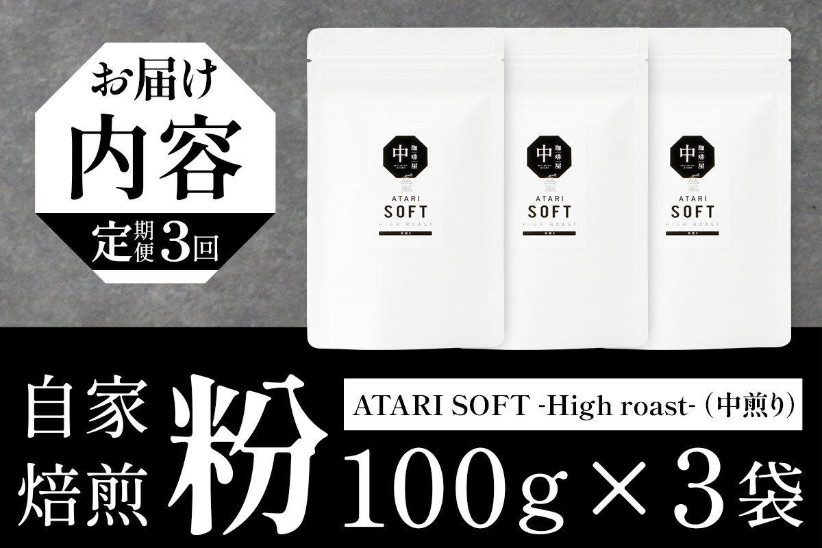 【定期便3回】【粉タイプ】珈琲屋 中-ATARI- SOFT (中煎り) -High roast- 100g×3袋×3回【徳島県 那賀町 自家焙煎 コーヒー 珈琲 ブレンド コーヒー粉 珈琲粉 粉 スペシャリティコーヒー レギュラーコーヒー 中煎り ハイロースト 詰め合わせ ギフト プレゼント お取り寄せ】CO-12 粉タイプ
