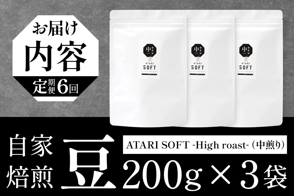 【定期便6回】【豆タイプ】珈琲屋 中-ATARI- SOFT (中煎り) -High roast- 200g×3袋×6回【徳島県 那賀町 自家焙煎 コーヒー 珈琲 ブレンド コーヒー豆 珈琲豆 豆 スペシャリティコーヒー レギュラーコーヒー 中煎り ハイロースト 詰め合わせ ギフト プレゼント お取り寄せ】CO-21 豆タイプ