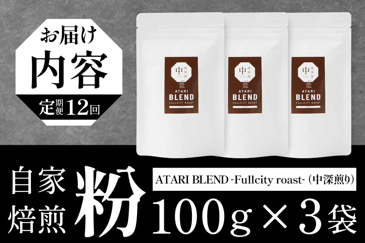 【定期便12回】【粉タイプ】珈琲屋 中-ATARI- BLEND (中深煎り) -Fullcity roast- 100g×3袋×12回【徳島県 那賀町 自家焙煎 コーヒー 珈琲 ブレンド コーヒー粉 珈琲粉 粉 スペシャリティコーヒー レギュラーコーヒー 中深煎り フルシティロースト 詰め合わせ ギフト プレゼント お取り寄せ】CO-32 粉タイプ