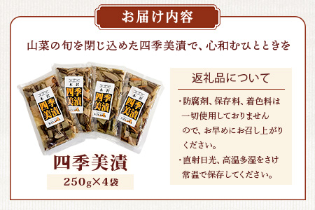 木沢特産 ふるさとの味 四季美漬 (しょう油漬) 250g×4袋【徳島県 那賀町 国産 山菜漬け 醤油漬 漬物 漬け物 加工品 山菜 味付き ごはんのおとも ご飯のお供 惣菜 おかず 副菜 小鉢 調味済み おつまみ お酒の肴 時短 お土産 お取り寄せ】MO-5
