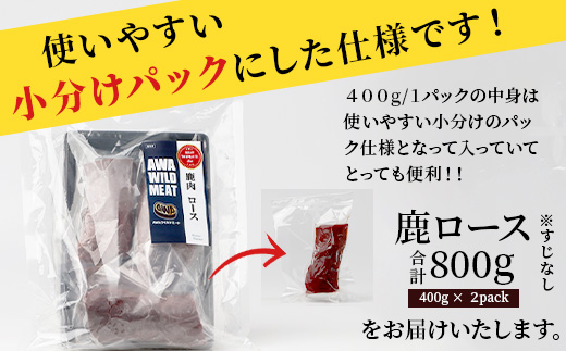 【阿波地美栄】徳島県産 二ホンジカ 鹿ロース肉 ※すじなし 計800g（400g×2）[徳島 那賀 ジビエ じびえ 鹿 鹿肉 おかず 鹿ロース 鹿ロース肉 ロース肉 ロース 焼肉 BBQ バーベキュー 冷凍 ヘルシー おすすめ 国産]【NH-21】