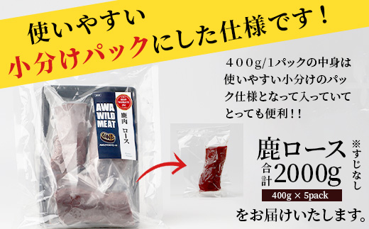 【阿波地美栄】徳島県産 二ホンジカ 鹿ロース肉 ※すじなし 計2kg（400g×5）[徳島 那賀 ジビエ じびえ 鹿 鹿肉 おかず 鹿ロース 鹿ロース肉 ロース肉 ロース 焼肉 BBQ バーベキュー 冷凍 国産 おすすめ]【NH-23】