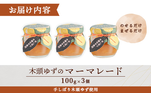 木頭ゆずのマーマレード 100g 3個【徳島県 那賀町 木頭ゆず 柚子 ユズ 木頭柚子 果物 国産 100％ マーマレード ジャム 瓶詰め 果汁 ゆず果汁 朝食 トースト パン ヨーグルト スイーツ 添加物・保存料不使用 お取り寄せ 柚冬庵】YA-24