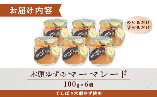 木頭ゆずのマーマレード 100g 6個【徳島県 那賀町 木頭ゆず 柚子 ユズ 木頭柚子 果物 国産 100％ マーマレード ジャム 瓶詰め 果汁 ゆず果汁 朝食 トースト パン ヨーグルト スイーツ 添加物・保存料不使用 お取り寄せ 柚冬庵】YA-25