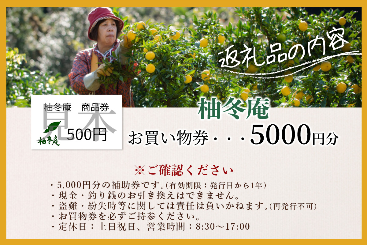 柚冬庵で使えるお買物券 5,000円分 (500円×10枚)【徳島県 那賀町 お買物券 お買い物券 商品券 チケット ギフト券 贈り物 プレゼント 柚冬庵】YA-78 5,000円分 (500円×10枚)