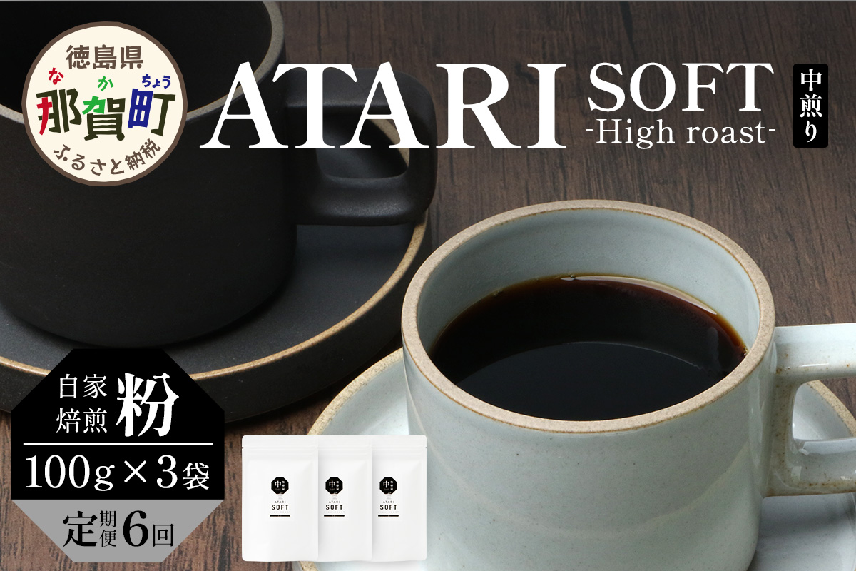 【定期便6回】【粉タイプ】珈琲屋 中-ATARI- SOFT (中煎り) -High roast- 100g×3袋×6回【徳島県 那賀町 自家焙煎 コーヒー 珈琲 ブレンド コーヒー粉 珈琲粉 粉 スペシャリティコーヒー レギュラーコーヒー 中煎り ハイロースト 詰め合わせ ギフト プレゼント お取り寄せ】CO-14 粉タイプ