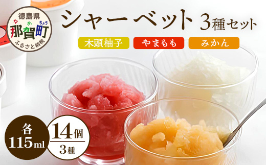 シャーベット 3種 計14個セット (ゆず・みかん・やまもも)【徳島 那賀町 木頭ゆず 木頭ユズ 木頭柚子 みかん ミカン やまもも ヤマモモ スイーツ デザート シャーベット 氷菓 アイス 氷菓子 果汁 無添加 国産 寒天 詰め合わせ 食べ比べ ギフト 贈り物 お取り寄せ グルメ お土産 冷凍】KM-3