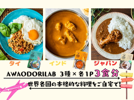 AWAODORILAB３種３食　 ガパオ１食　バターチキンカレー１食　 ごちそうカレー １食　 常温 レトルト