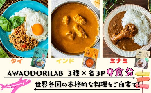 AWAODORILAB３種９食　 ガパオ３食　バターチキンカレー３食　 ごちそうカレー ３食　 常温 レトルト