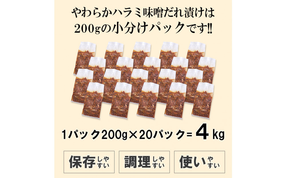やわらかハラミ味噌だれ漬け4kg（200ｇ×20）