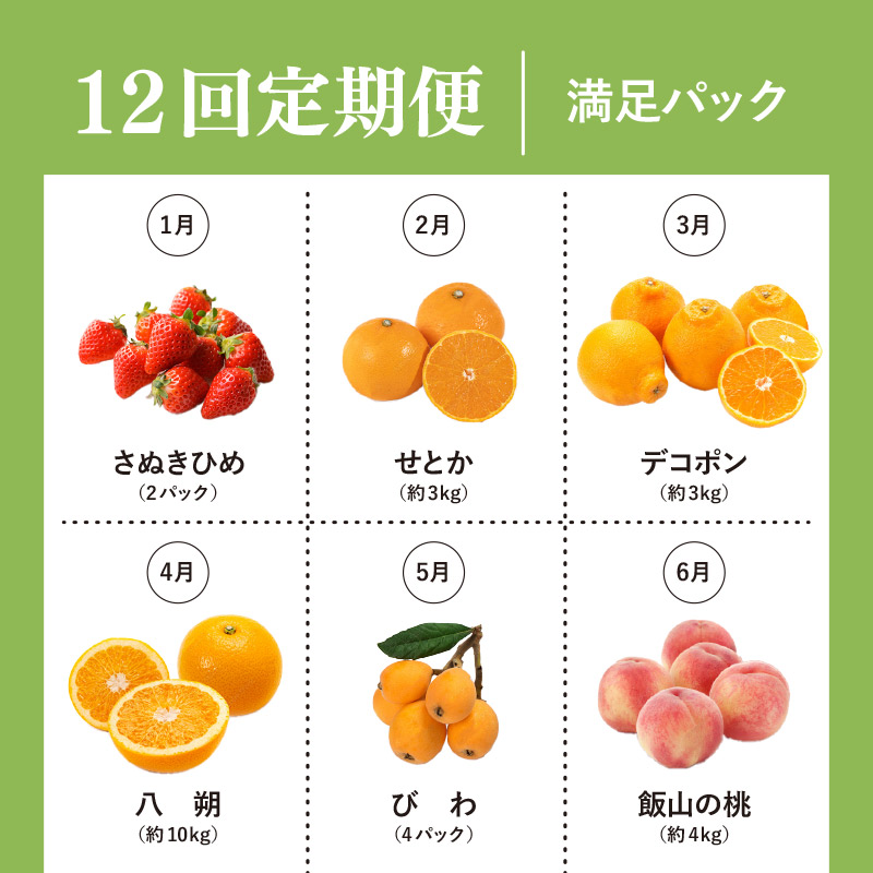 【定期便12回】 【満足パック】 フルーツ 果物 定期便 いちご 桃 シャインマスカット デコポン ピオーネ みかん はっさく びわ 梨 キウイ 柿 さぬきゴールドキウイ 八朔 小原紅早生 苺 さぬきひめ もも ニューピオーネ 旬 ギフト フルーツ定期便 果物定期 果物定期便 香川県 丸亀市