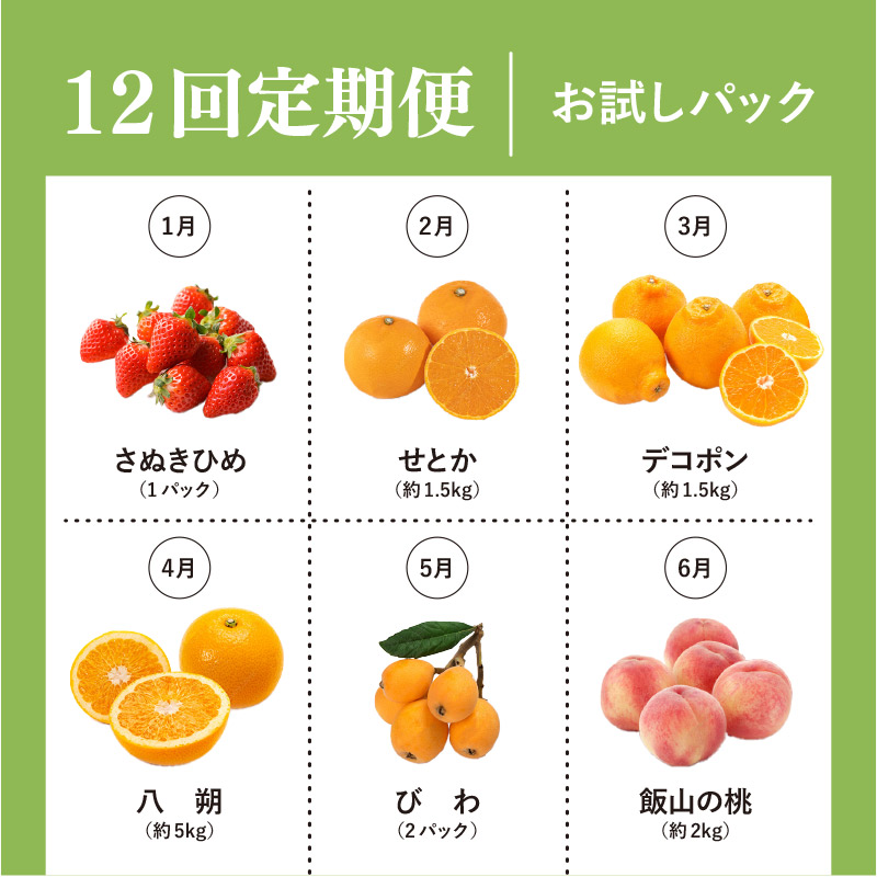 【定期便12回】 【お試しパック】 フルーツ 果物 定期便 いちご 桃 シャインマスカット デコポン ピオーネ みかん はっさく びわ 梨 キウイ 柿 さぬきゴールドキウイ 八朔 小原紅早生 苺 さぬきひめ もも ニューピオーネ 旬 ギフト フルーツ定期便 果物定期 果物定期便 香川県 丸亀市
