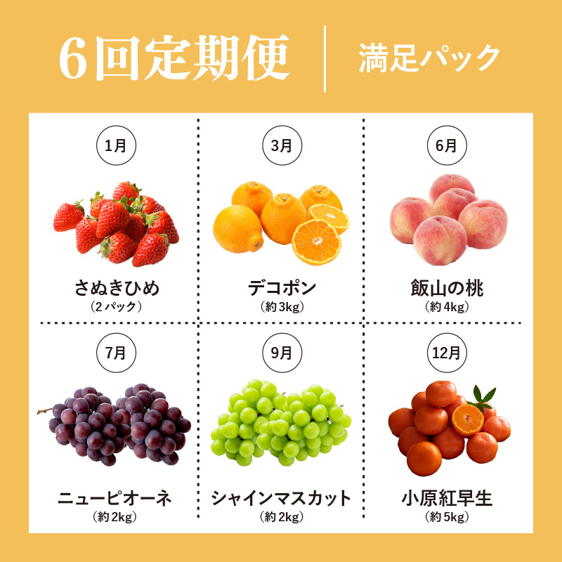 【定期便6回】 【満足パック】 フルーツ 果物 定期便  いちご 桃 シャインマスカットデコポン ピオーネ みかん 小原紅早生 苺 さぬきひめ もも 飯山の桃 ニューピオーネ 飯山 詰め合わせ 旬のフルーツ 旬 ギフト フルーツ定期便 果物定期 果物定期便 人気果物 豪果絢爛 香川県 丸亀市