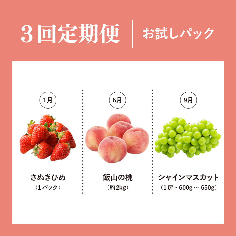 【定期便3回】 【お試しパック】フルーツ 果物 定期便  いちご 桃 シャインマスカット 苺 さぬきひめ もも 飯山の桃 飯山 詰め合わせ 旬のフルーツ 旬 ギフト フルーツ定期便 果物定期 果物定期便 人気果物 豪果絢爛 香川県 丸亀市