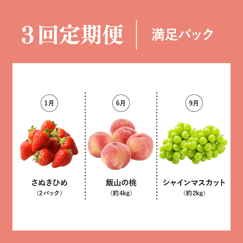 【定期便3回】 【満足パック】 フルーツ 果物 定期便  いちご 桃 シャインマスカット 苺 さぬきひめ もも 飯山の桃 飯山 詰め合わせ 旬のフルーツ 旬 ギフト フルーツ定期便 果物定期 果物定期便 人気果物  豪果絢爛 香川県 丸亀市
