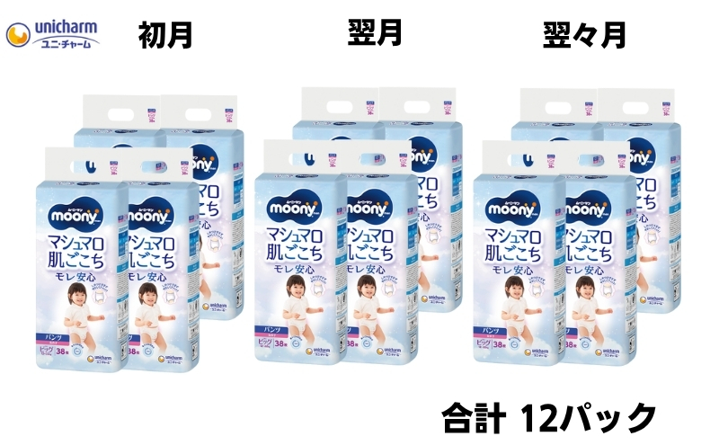 【3ヶ月連続定期便】ムーニーマン  女の子用 ビッグサイズ 38枚×4袋