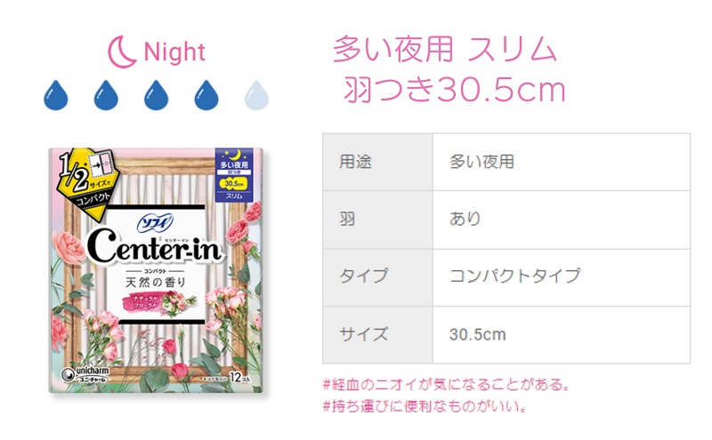 ソフィ センターインコンパクト１／２フローラル 多い夜用 12枚×9 雑貨 日用品 衛生用品 生理用品 ナプキン スリム ユニ チャーム