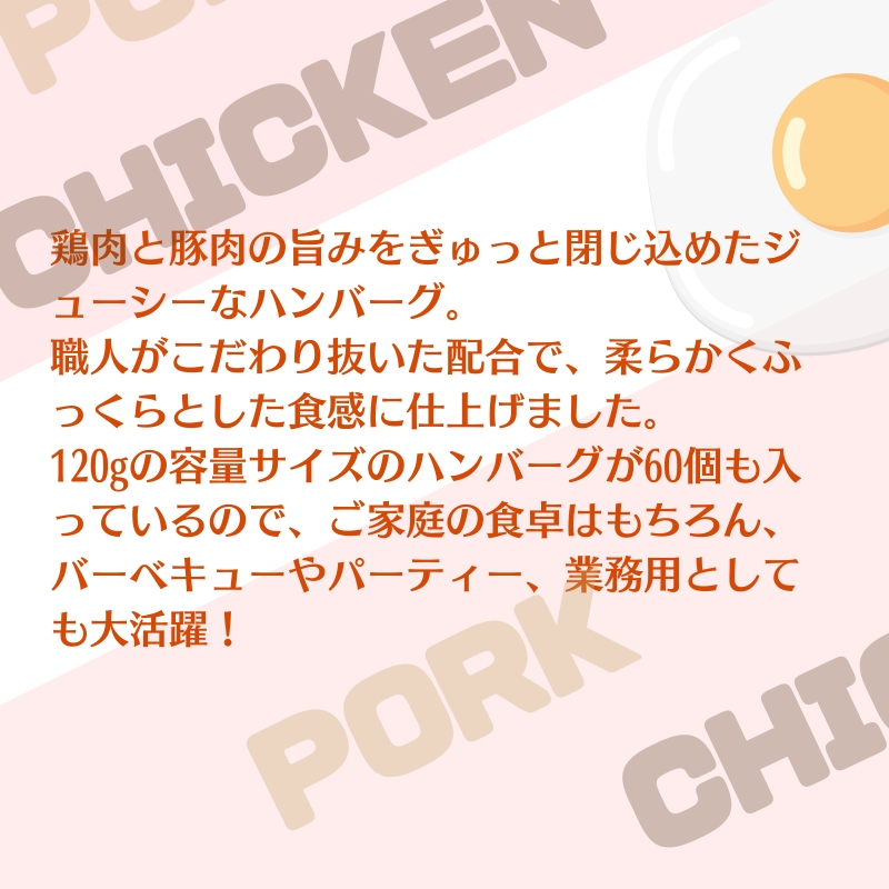 旨みチキンとポークのハンバーグ 120ｇ×60個（冷凍直送）