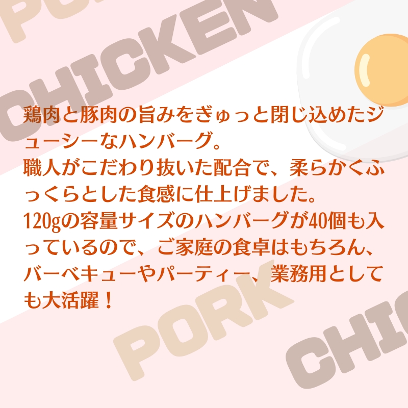 旨みチキンとポークのハンバーグ 120ｇ×４０個（冷凍直送