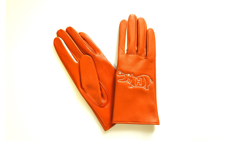 スマホ対応羊革レディース手袋（HIPPO`刺繍）　オレンジ