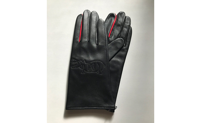スマホ対応羊革レディース手袋(HIPPO`刺繍) 黒