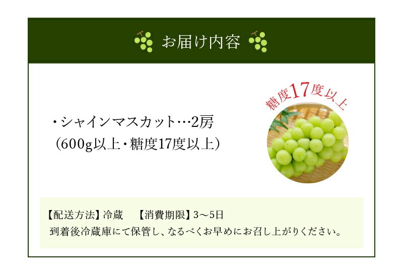 【9月上旬より発送】シャインマスカット2房【600g以上】【糖度17度以上】