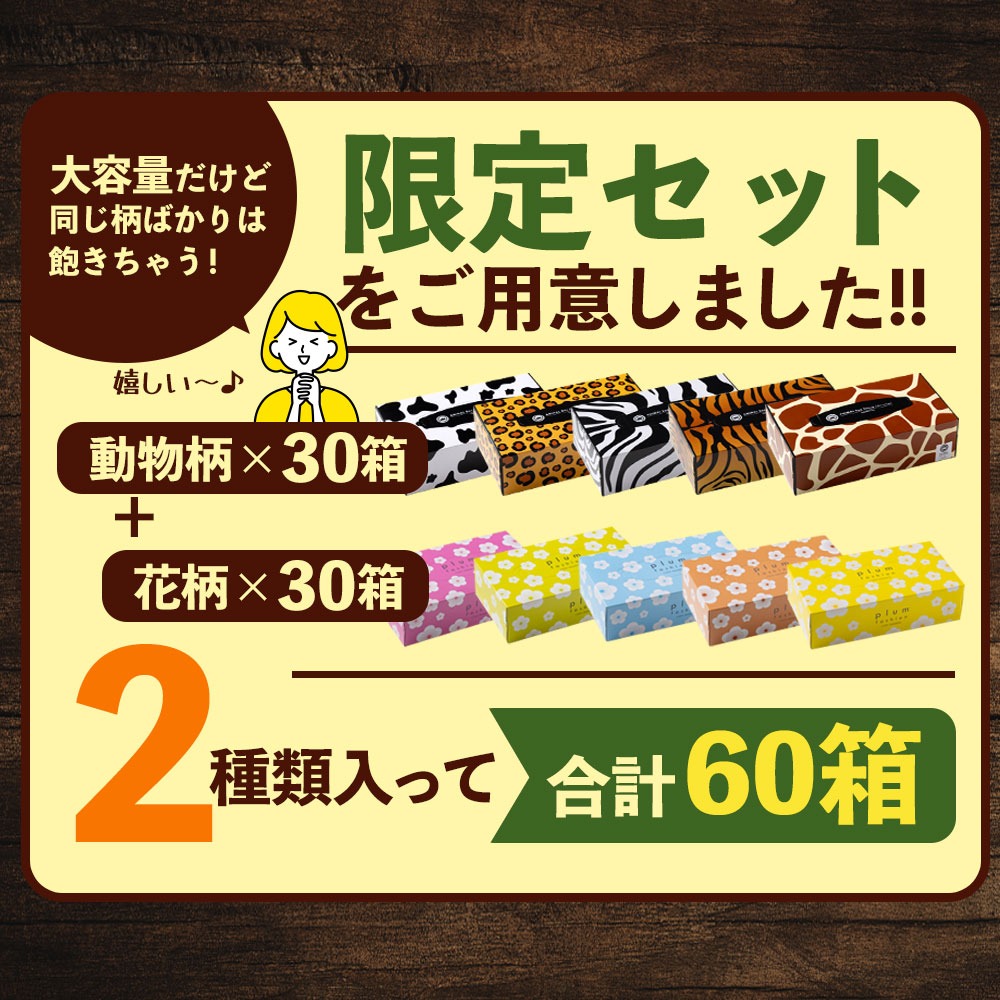 プラムファッション/ANIMAL Boxティッシュセット 5箱×6パック×2種 合計60箱