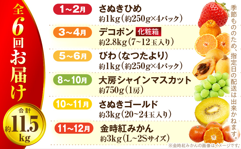 さぬき旬のフルーツ大満足　6回定期便|果物 果物定期便 定期便 フルーツ フルーツ定期便 シャインマスカット ゴールドキウイ いちご 旬 旬の果物 旬の果物定期便 キウイ 贈答 贈り物 デザート スイーツ 果肉 果汁 香川県 三木町 送料無料|_mk006-t011