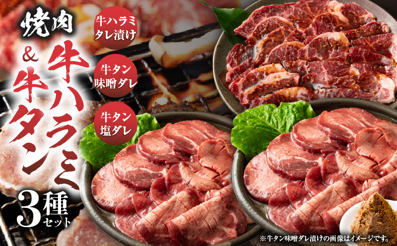 「牛ハラミ」&「牛タン」　焼肉3種セット　各250g(計750g) | 牛肉 焼肉 タレ 漬け 塩ダレ 味噌ダレ 秘伝 柔らかい 味付き やきにく ハラミ 希少 小分け 厚切り 冷凍 BBQ バーベキュー 香川県 三木町 国産 おすすめ 牛 ギフト 食品 お取り寄せ プレゼント 贈り物 贈答 |_mk146-140