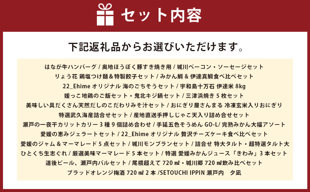 22_Ehime カタログギフト 1冊 選べる ハンバーグ キジ鍋 鯛 麺 餃子 ジャム ジュース おにぎり 大福 ビール バル タオル お中元 御歳暮 御祝 愛媛県（539）