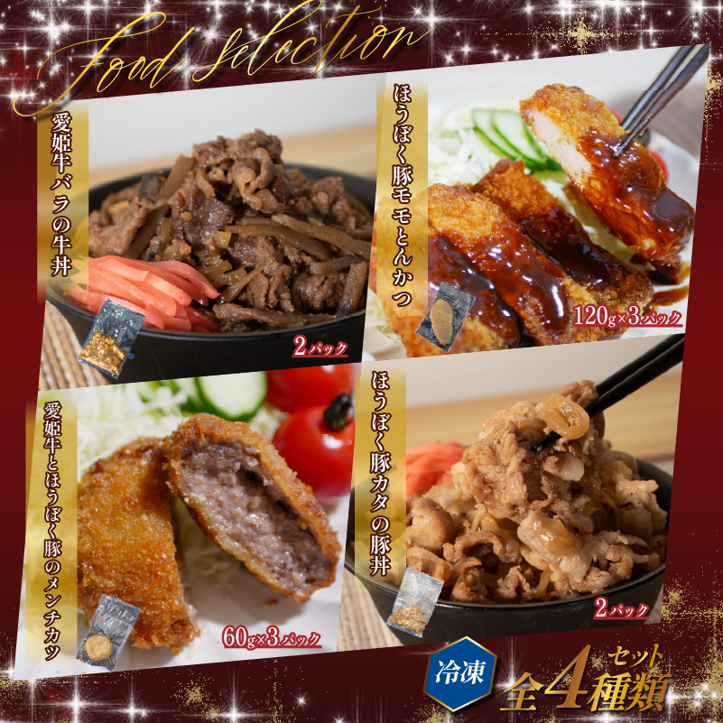 愛媛の美味しいお肉料理の詰め合わせ | 肉 肉料理 牛肉 豚肉 とんかつ メンチカツ 牛丼 豚丼 冷凍 詰め合わせ 食べ比べ セット 愛媛県産 簡単調理 ご当地グルメ 愛媛県 松山市